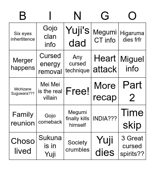 JJK 270 Bingo Card