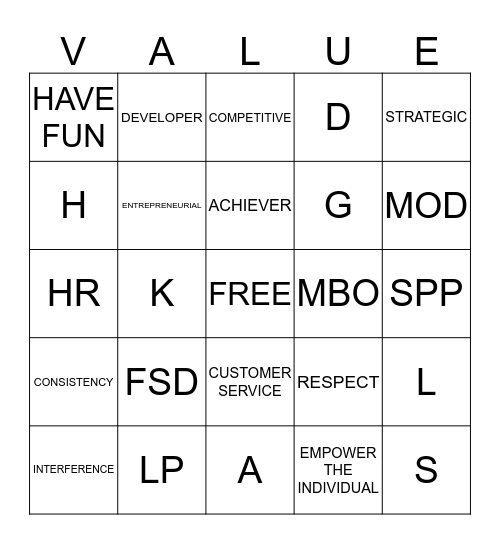 CORE VALUE Bingo Card