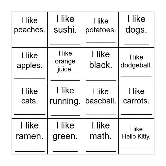 Do you like? Bingo Card