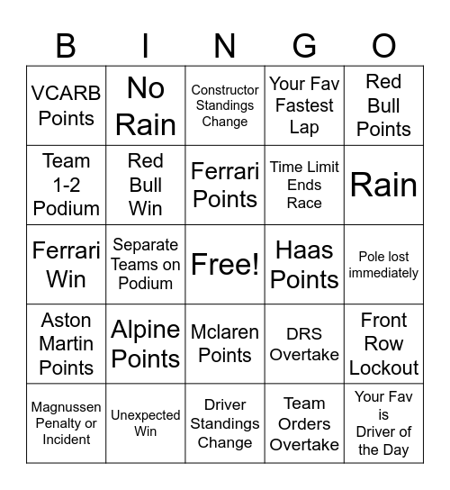 Singapore Grand Prix Bingo Card