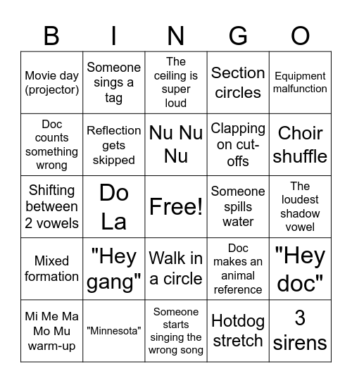 EMU Choir Bingo Card