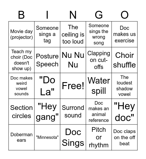 EMU Choir Bingo Card