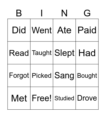 Irregular verbs Bingo Card