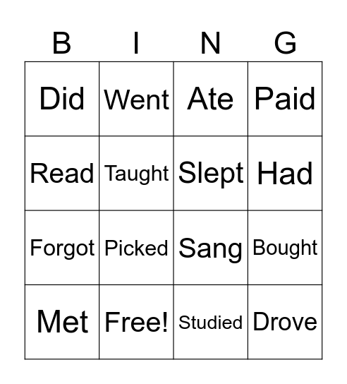Irregular verbs Bingo Card