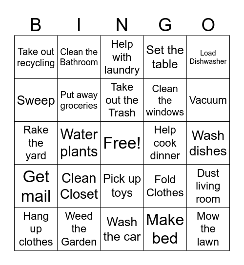 Household Chores Bingo Card