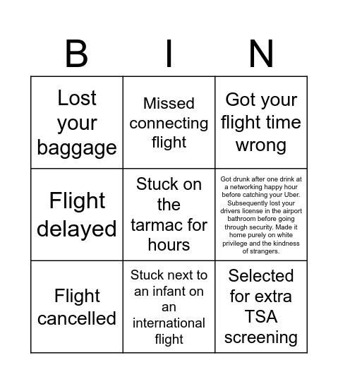 Travel Disaster Bingo Card