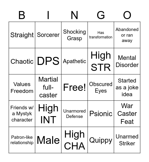 Neon Character Bingo Card