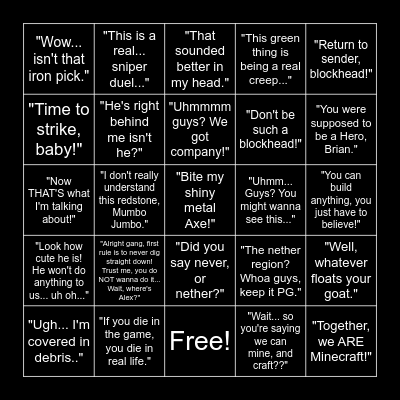 Minecraft Movie Quotes Bingo Card