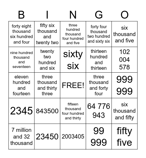 Large Number Bingo Card