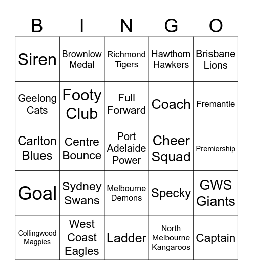 AFL Bingo Card