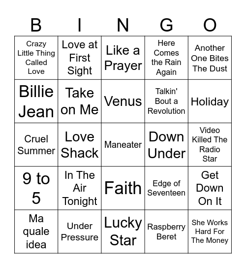 80's Hits! Bingo Card