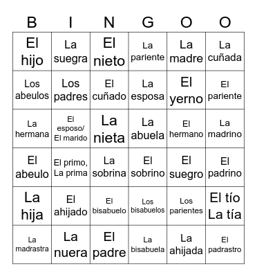 Spanish 2 - Lesson 4 - La Familia Bingo Card