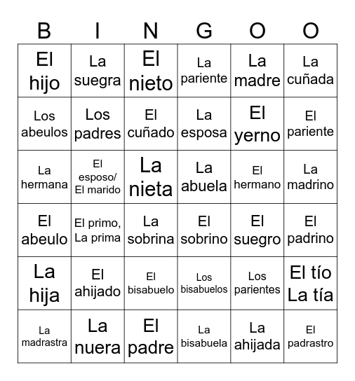 Spanish 2 - Lesson 4 - La Familia Bingo Card
