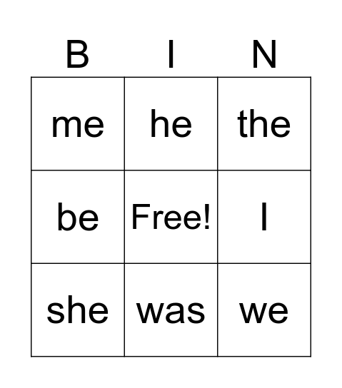sight words bingo Card