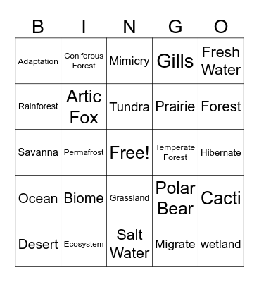 Biomes Bingo Card