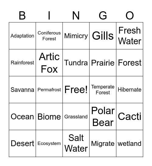 Biomes Bingo Card