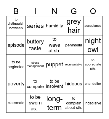 Vocabulary revision Bingo Card