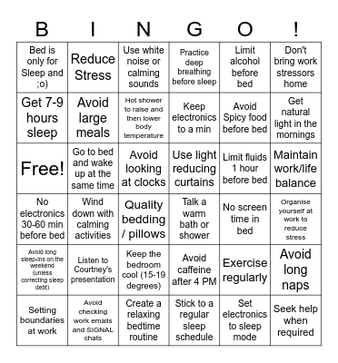 Sleep Hygiene Bingo Card