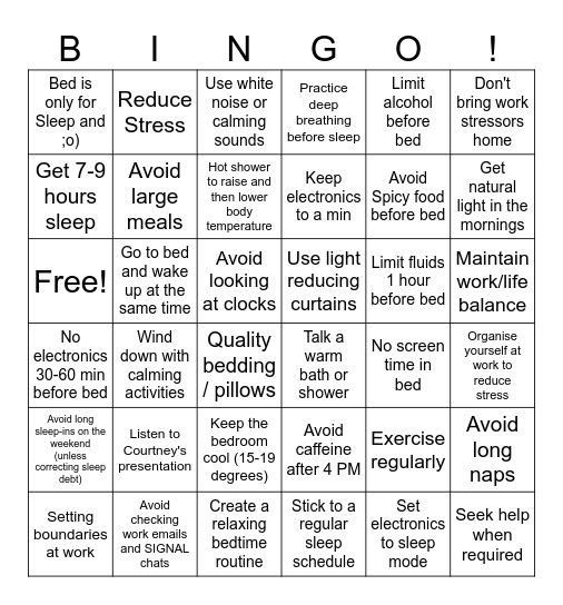 Sleep Hygiene Bingo Card