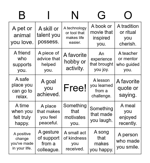 gratitude bingo Card