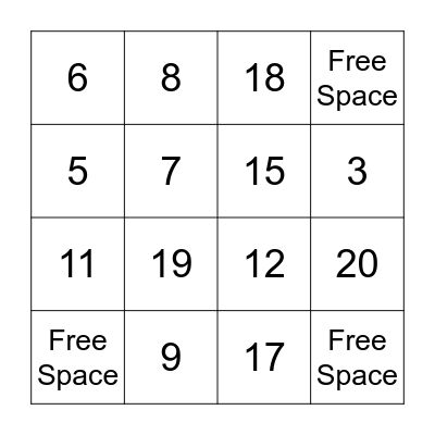 1-20 Numbers Bingo Card