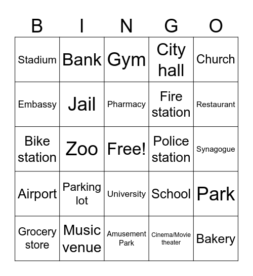 Places in the City Bingo Card