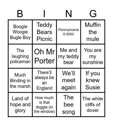 Music Bingo Game 11 - Music from 1930's, 40's & 50's & WWII Bingo Card