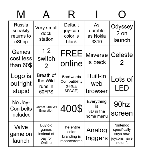 Switch 2 Bingo Card