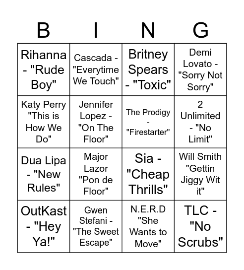 Danseindgydende melodier Bingo Card
