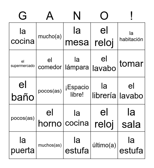 Spanish 1 Gano Vocab 2A Bingo Card