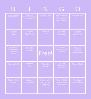 Hello! My name is Ophelia! Bingo Card