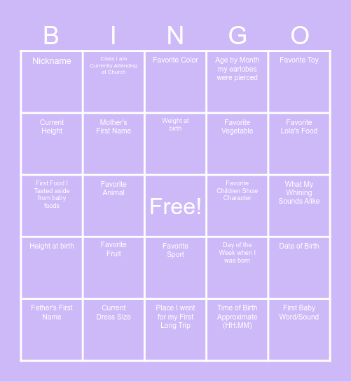 Hello! My name is Ophelia! Bingo Card