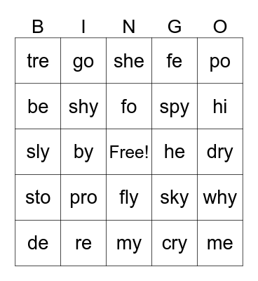 Open syllable bingo Card