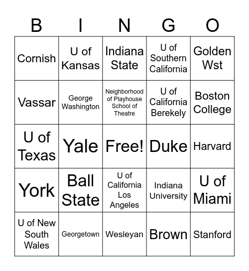 College Go Bingo Card