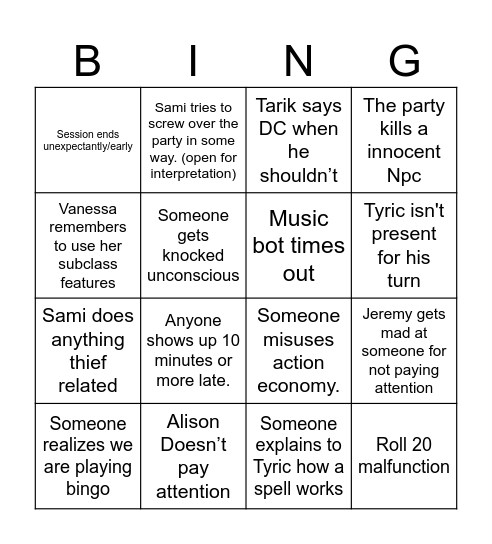 HUNTER DND BINGO Card