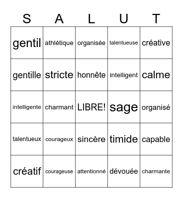 Je suis = I AM Bingo Card