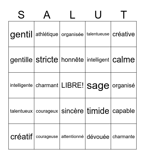 Je suis = I AM Bingo Card