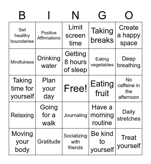 Healthy Habits Bingo Card