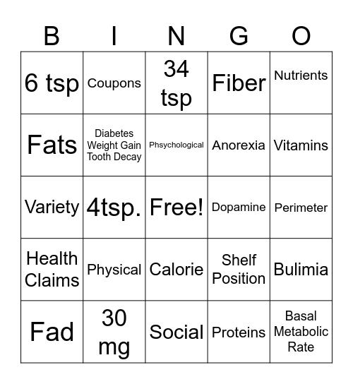 Nutrition Bingo Card