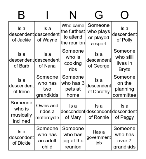 Andrade Reunion 2016 Bingo Card