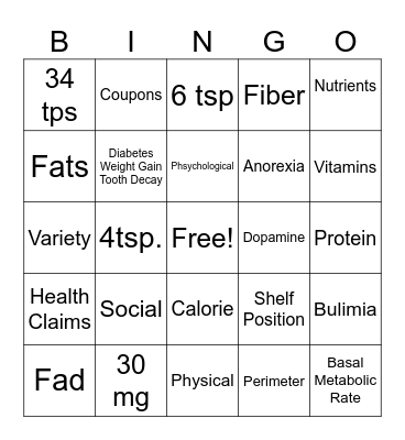 Nutrition Bingo Card