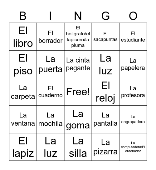 Classroom Vocab Bingo Card