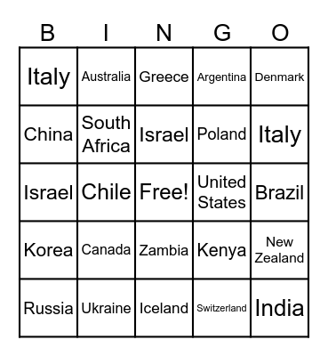 Countries Bingo Card