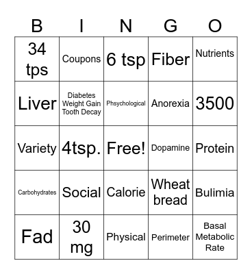 Nutrition Bingo Card