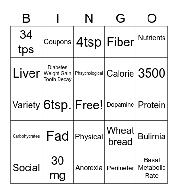 Nutrition Bingo Card