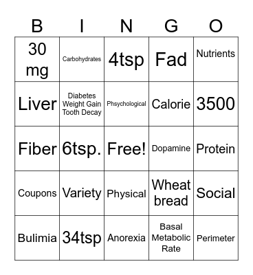 Nutrition Bingo Card