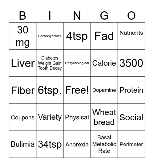 Nutrition Bingo Card