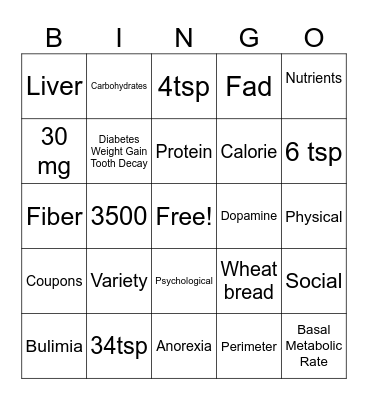 Nutrition Bingo Card