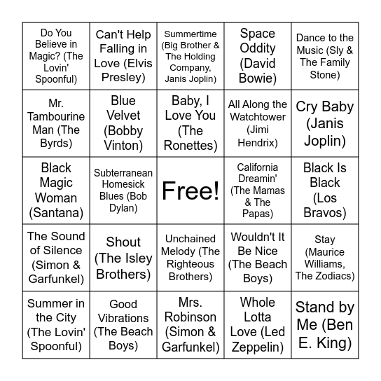 Hits of the 60s! Bingo Card