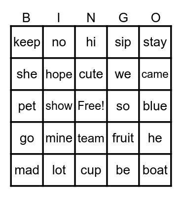 open/closed/silent e/vowel team Bingo Card